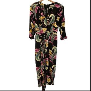 Vintage 80’s Karen Alexander Black Brocade Tropical Dress Size 8 Retro Glam